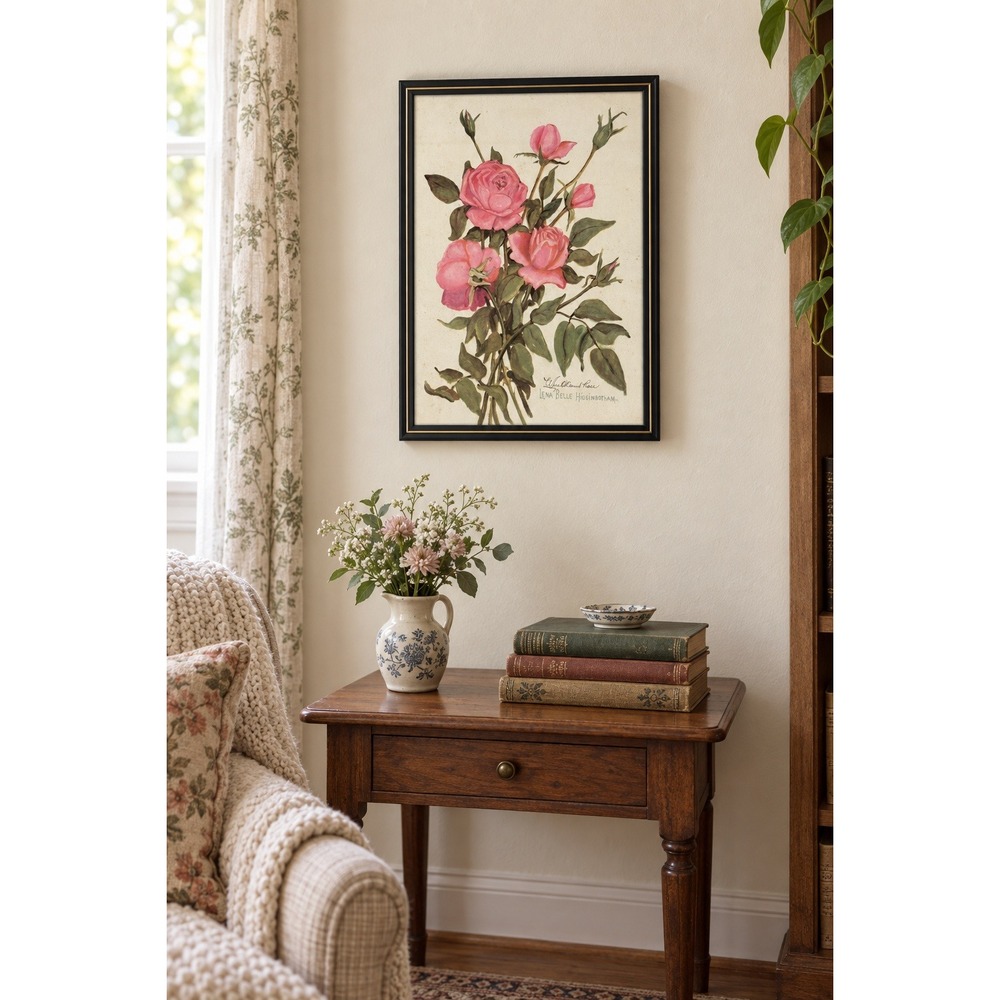 Vintage Lena Belle Higginbotham Pink Rose Botanical Print Framed 11x17